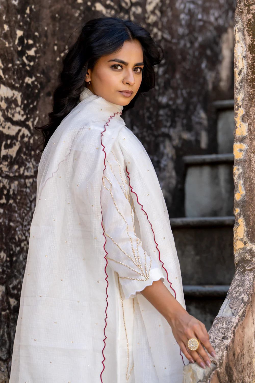 White Sequins A-line Kurta Set