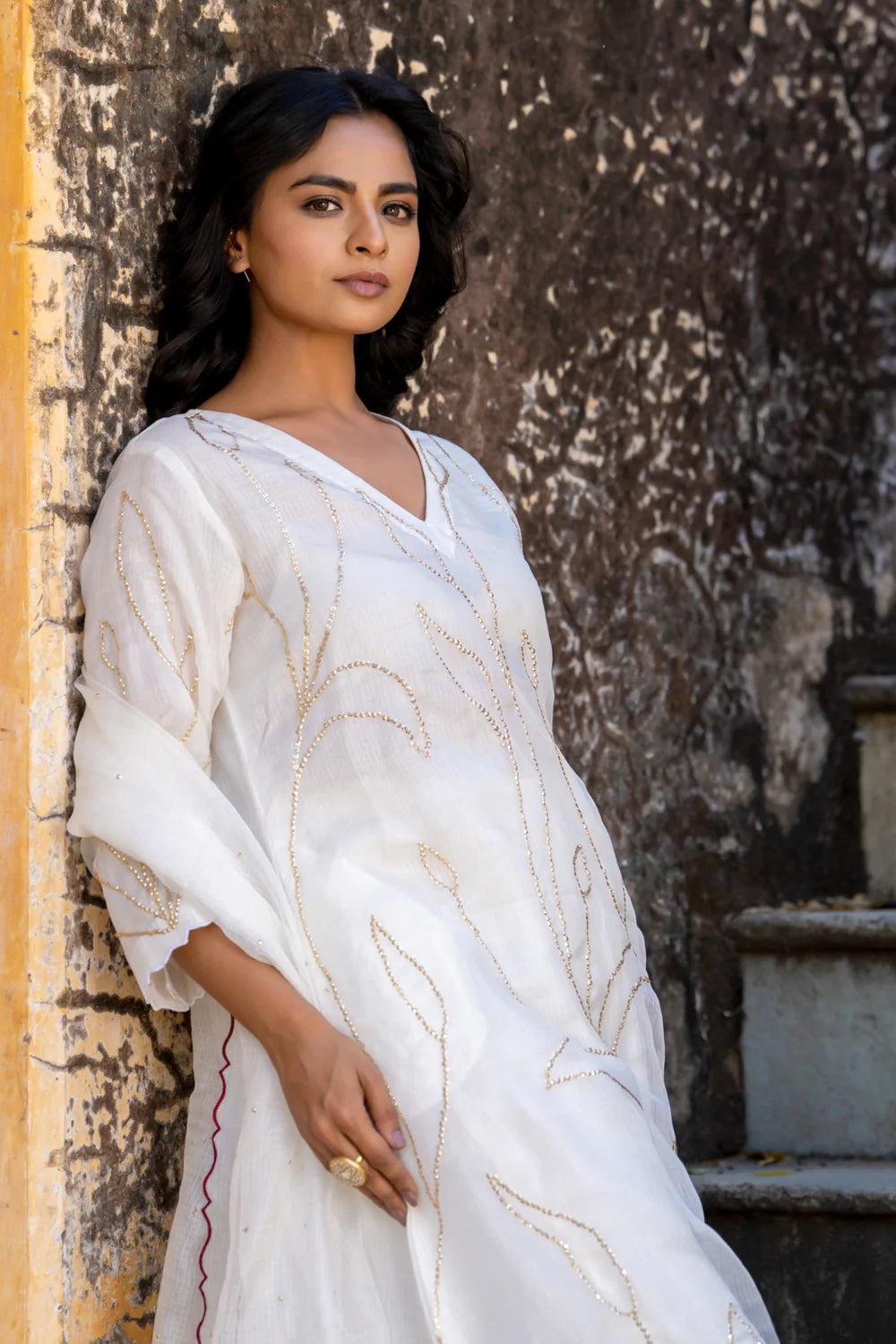 White Sequins A-line Kurta Set