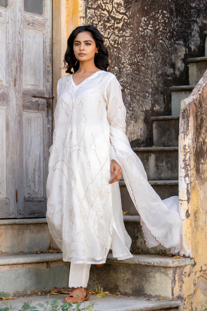 White Sequins A-line Kurta Set