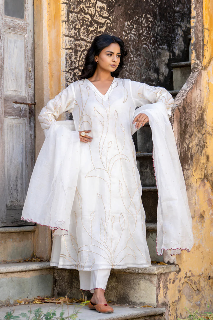 White Sequins A-line Kurta Set