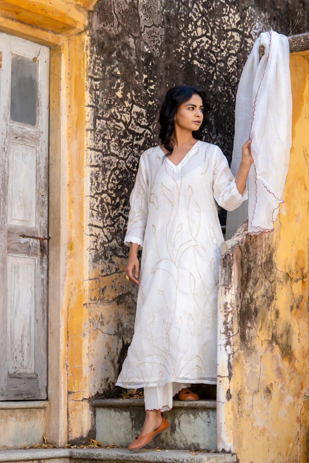 White Sequins A-line Kurta Set