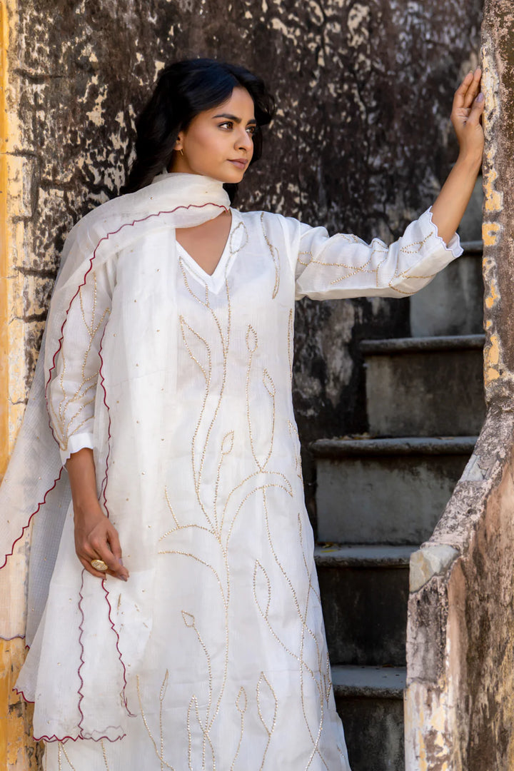 White Sequins A-line Kurta Set