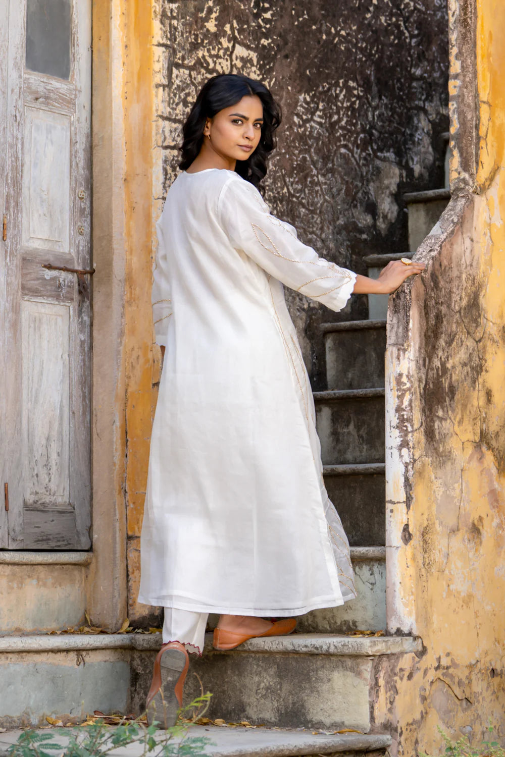 White Sequins A-line Kurta Set