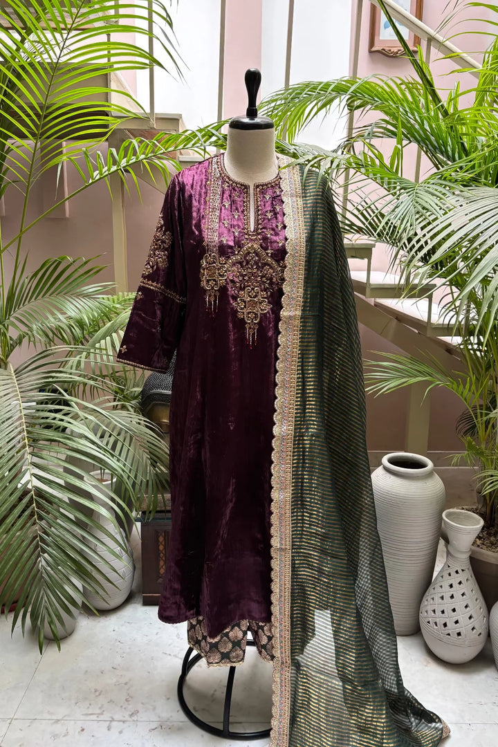 Wine Velvet Kurta Set with Hand-Embroidered Yoke & Beaded Tassels