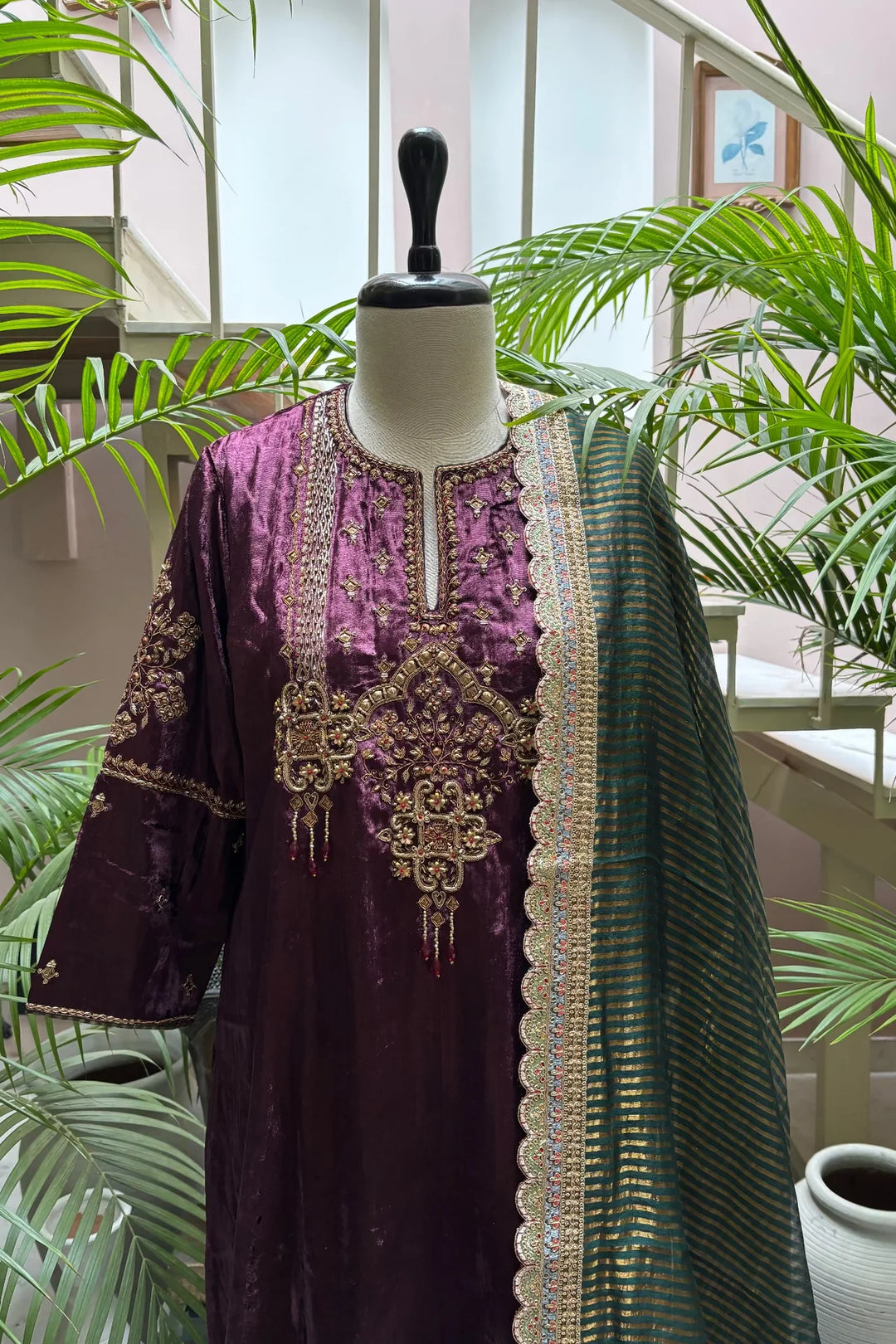 Wine Velvet Kurta Set with Hand-Embroidered Yoke & Beaded Tassels