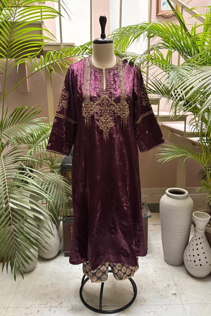 Wine Velvet Kurta Set with Hand-Embroidered Yoke & Beaded Tassels