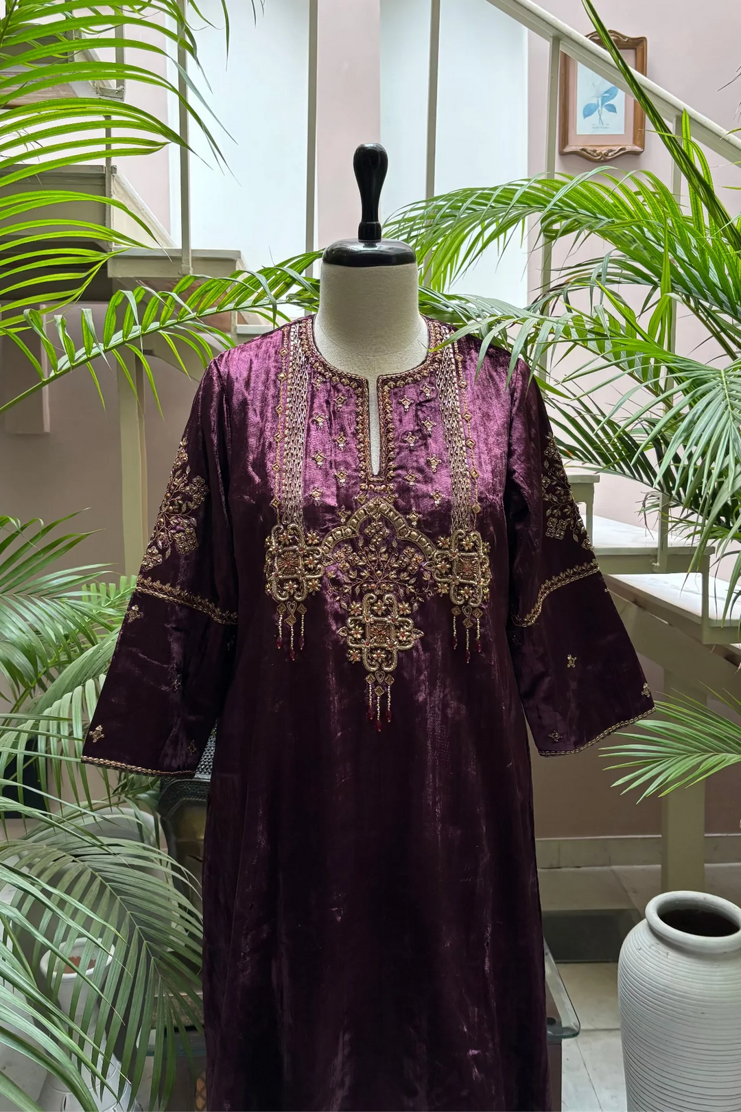Wine Velvet Kurta Set with Hand-Embroidered Yoke & Beaded Tassels