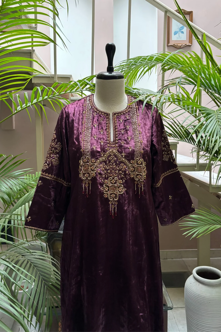 Wine Velvet Kurta Set with Hand-Embroidered Yoke & Beaded Tassels