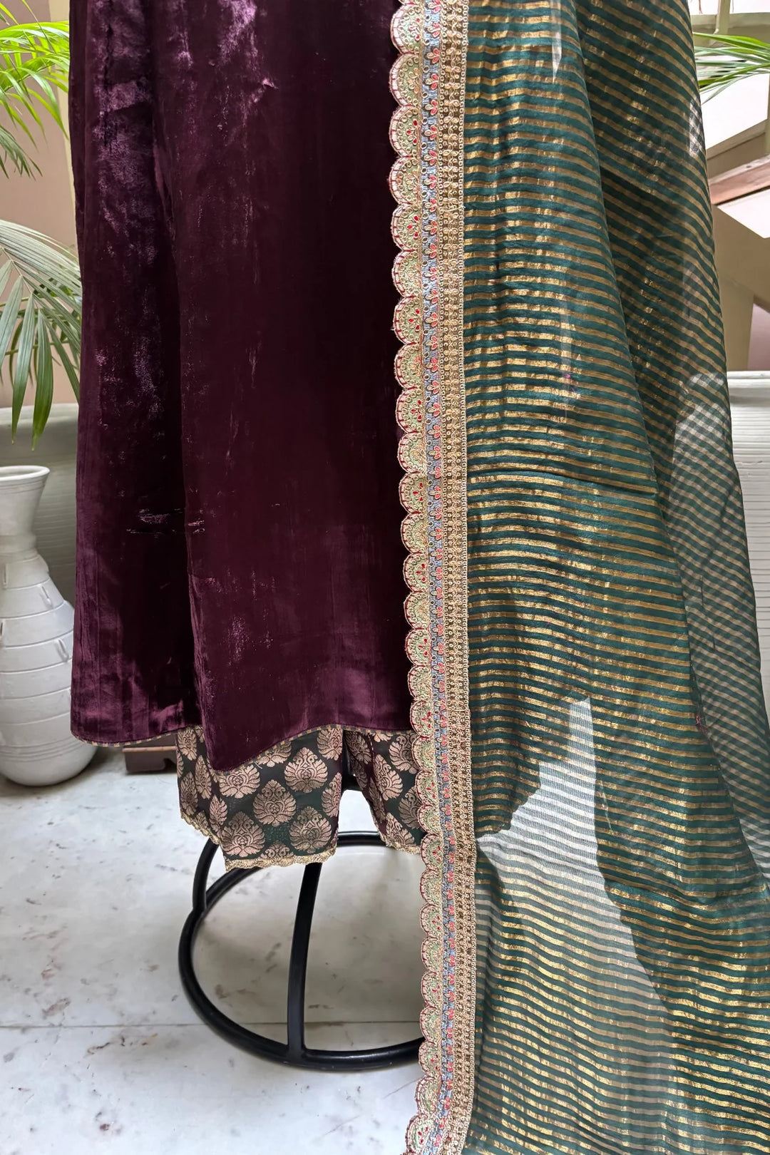 Wine Velvet Kurta Set with Hand-Embroidered Yoke & Beaded Tassels