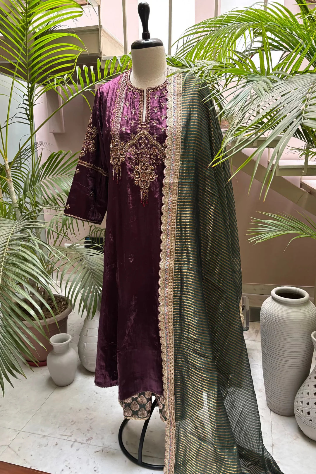Wine Velvet Kurta Set with Hand-Embroidered Yoke & Beaded Tassels