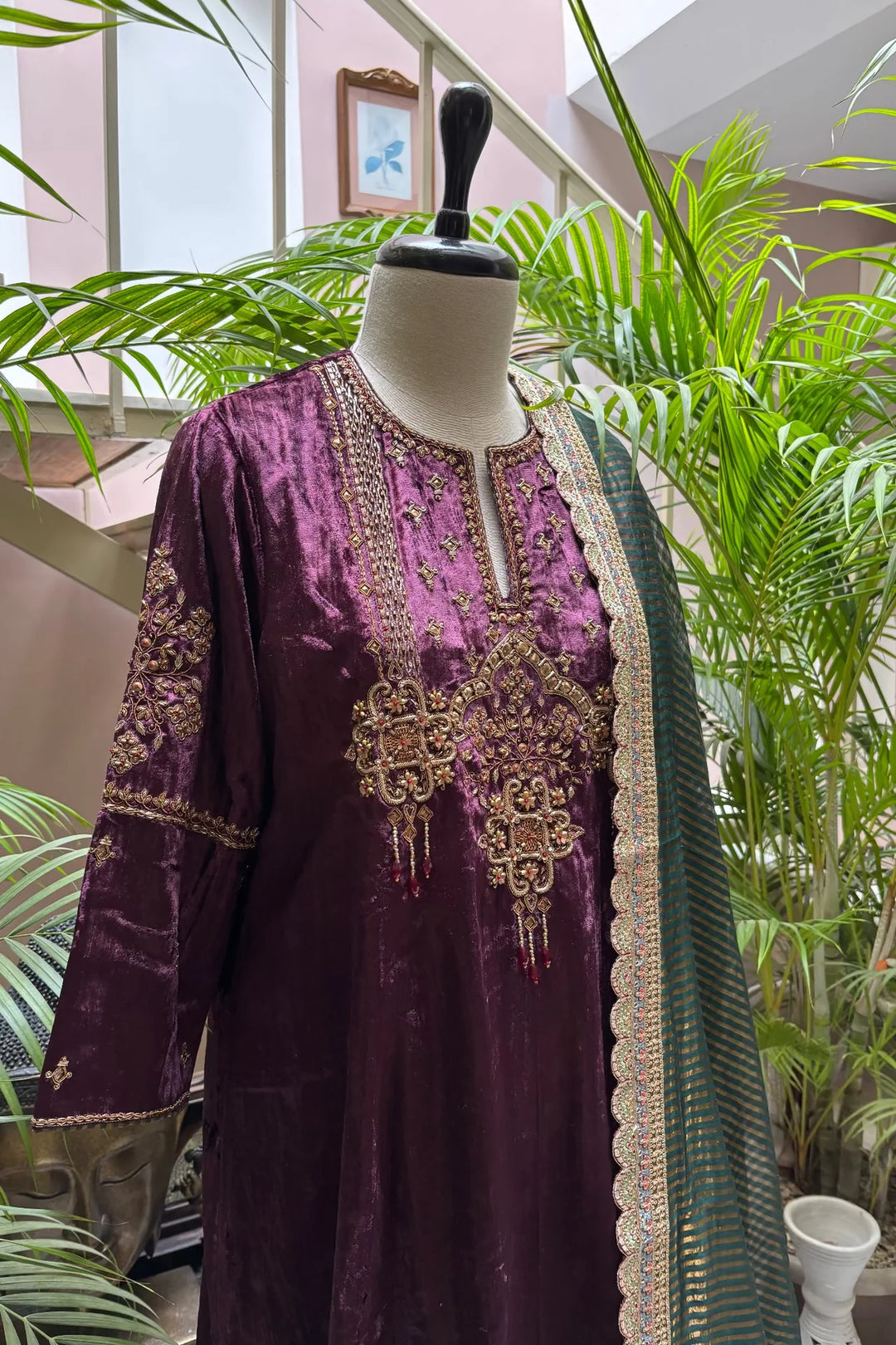 Wine Velvet Kurta Set with Hand-Embroidered Yoke & Beaded Tassels