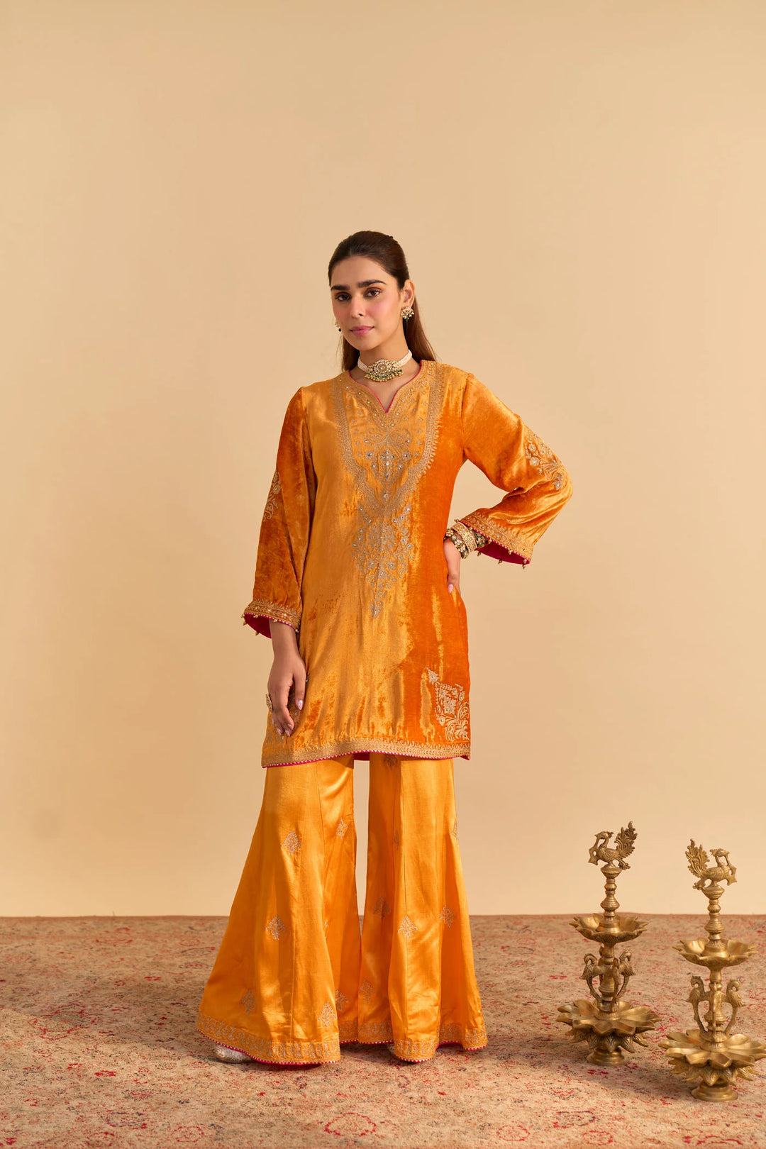 Nooren - velvet Orange Kurta with Flared Palazzo and Dupatta