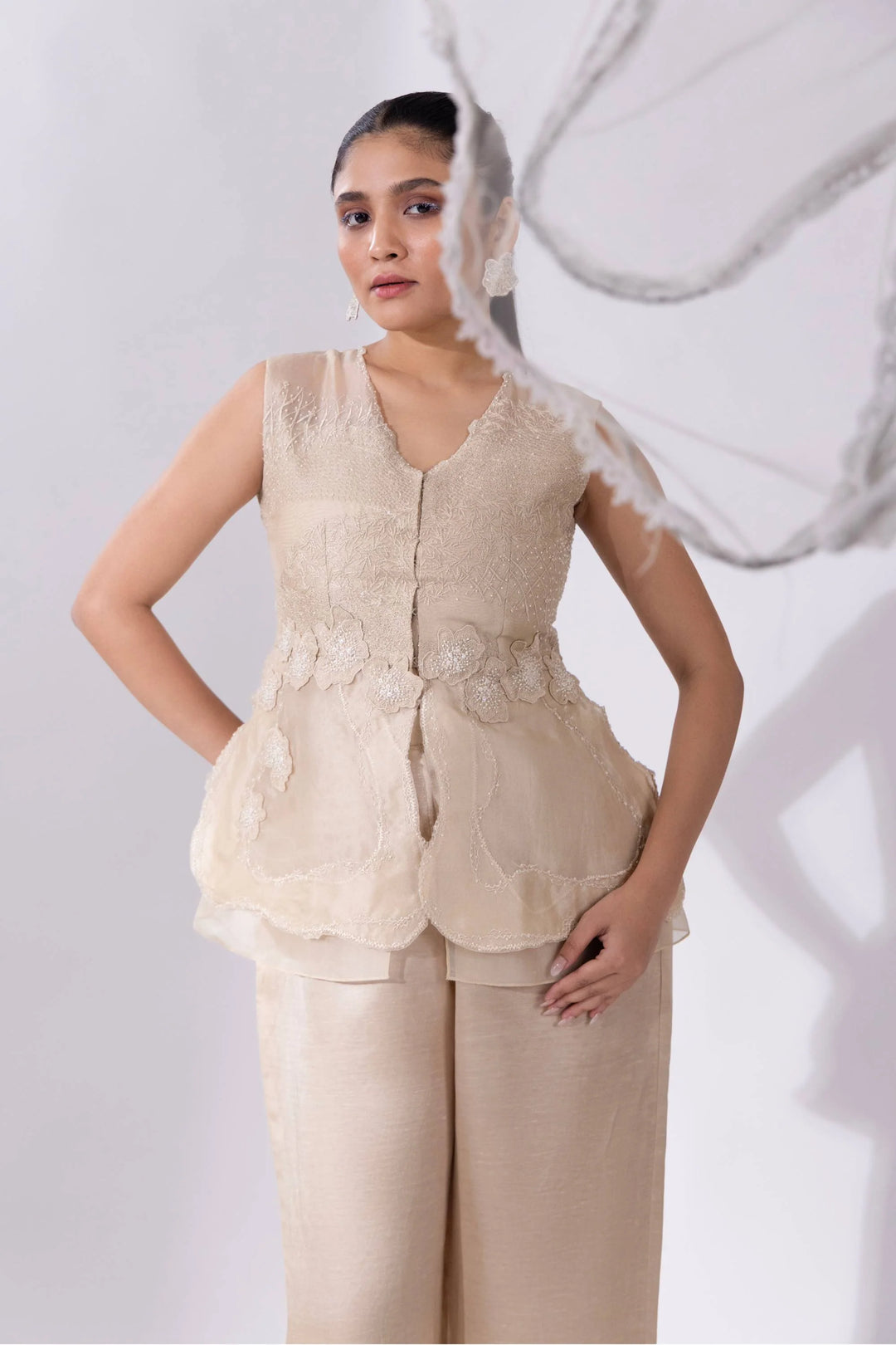 White WaveBorne Peplum Top With Pant