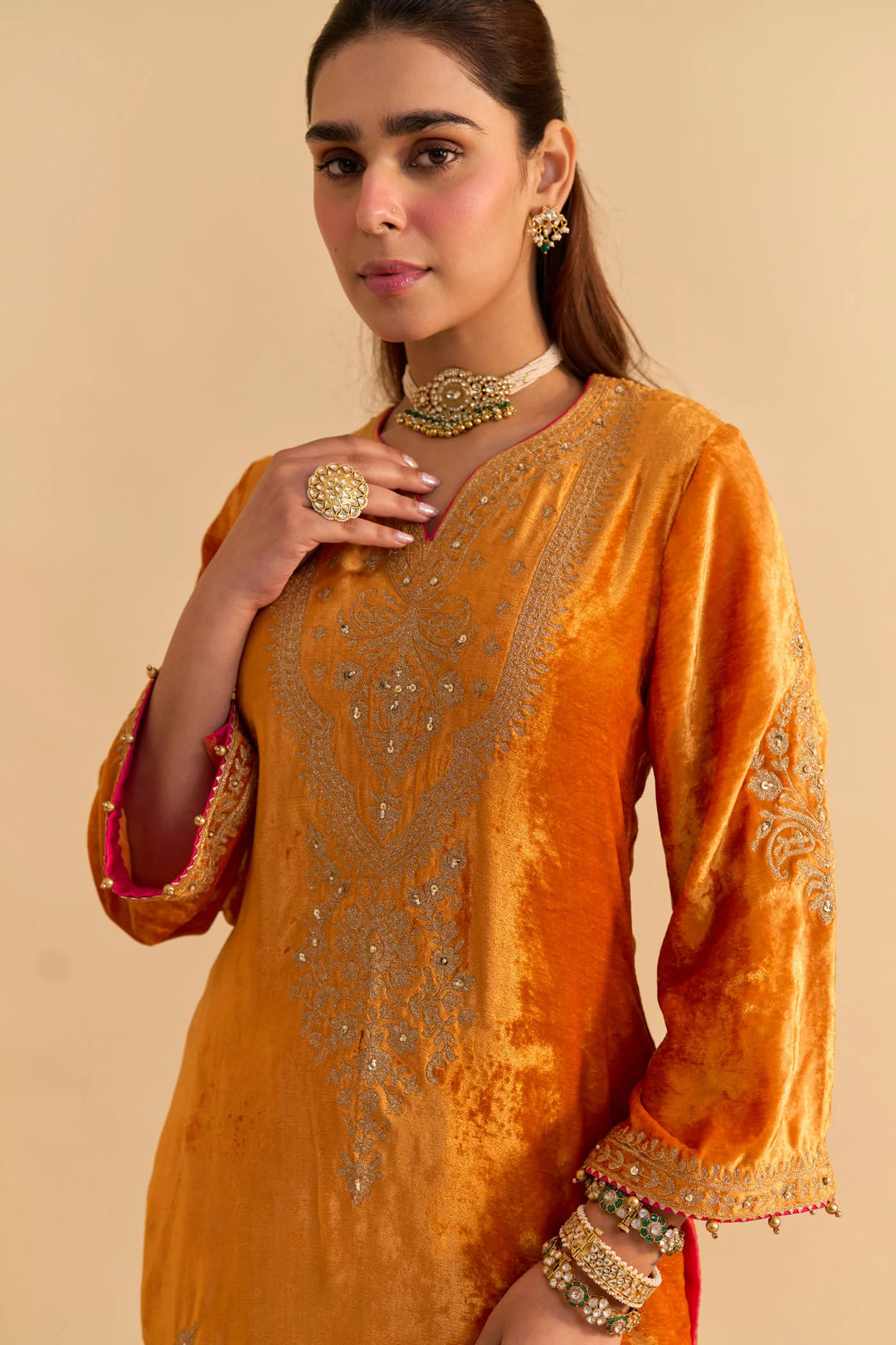 Nooren - velvet Orange Kurta with Flared Palazzo and Dupatta