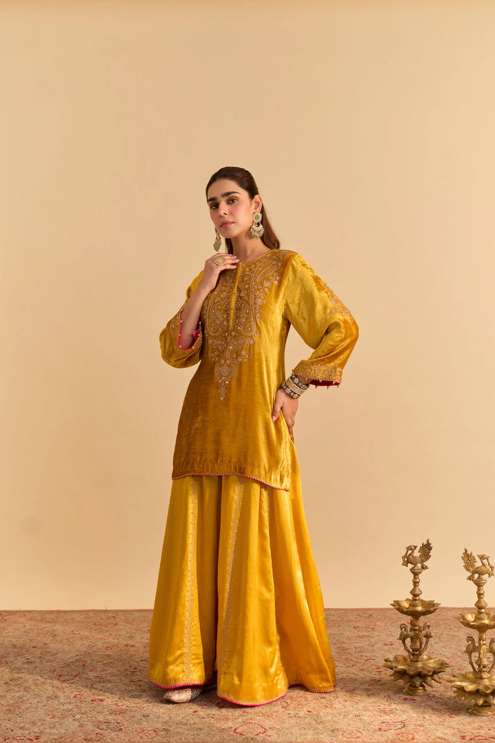 Aroob - velvet Mustard Kurta with Sharara and Dupatta