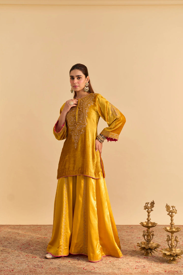 Aroob - velvet Mustard Kurta with Sharara and Dupatta