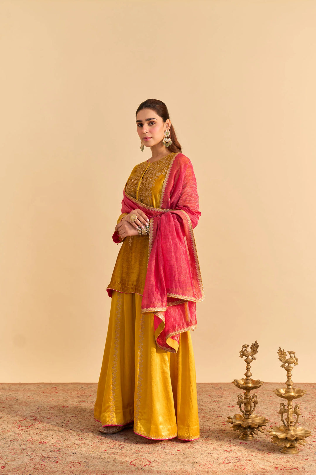 Aroob - velvet Mustard Kurta with Sharara and Dupatta