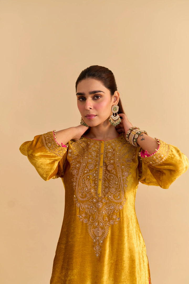 Aroob - velvet Mustard Kurta with Sharara and Dupatta