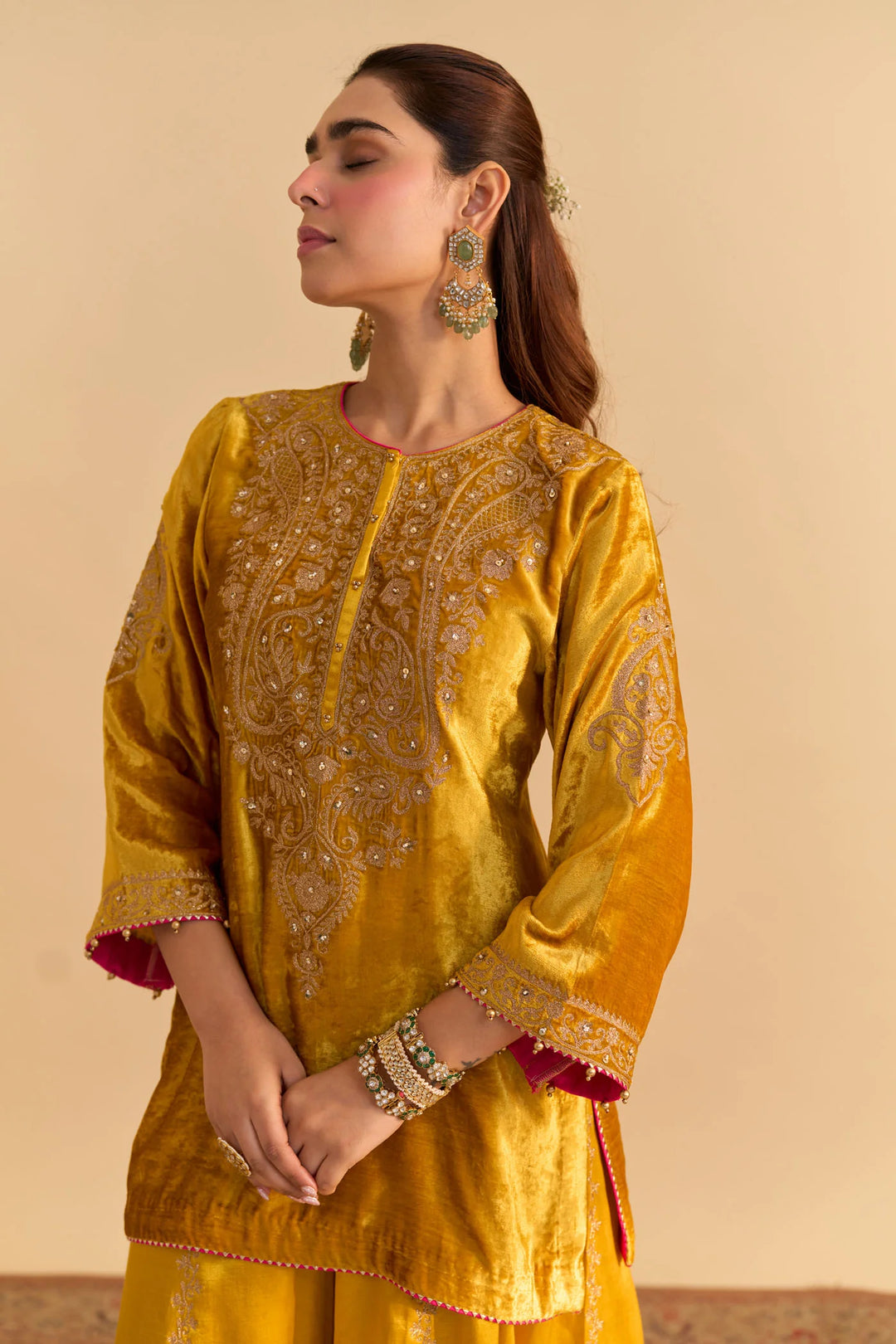 Aroob - velvet Mustard Kurta with Sharara and Dupatta