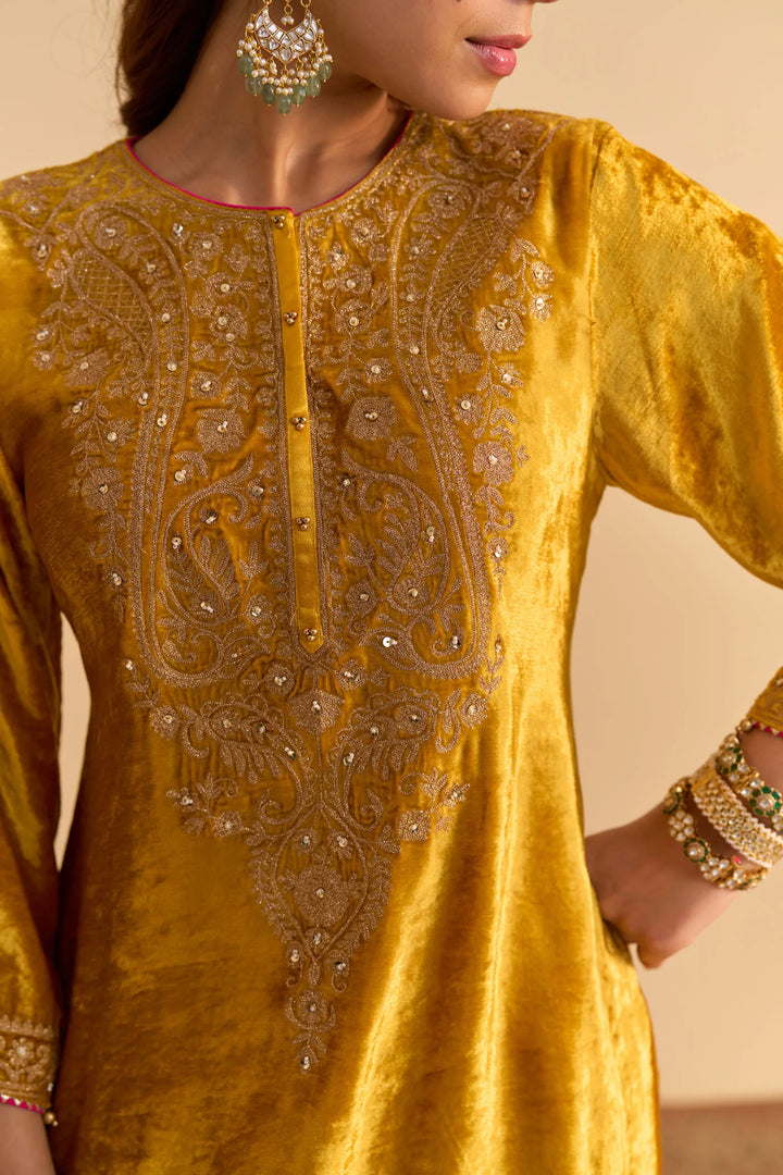 Aroob - velvet Mustard Kurta with Sharara and Dupatta