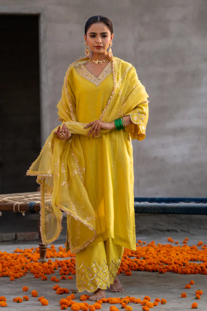 Yellow Aari A-line Kurta Set