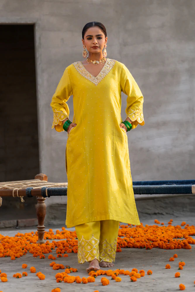 Yellow Aari A-line Kurta Set