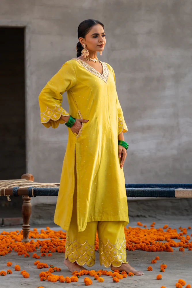 Yellow Aari A-line Kurta Set