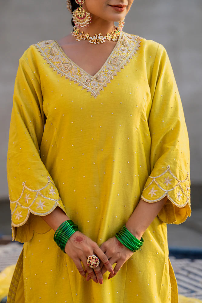 Yellow Aari A-line Kurta Set