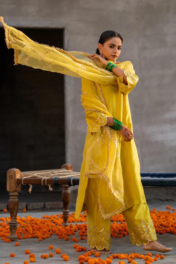 Yellow Aari A-line Kurta Set