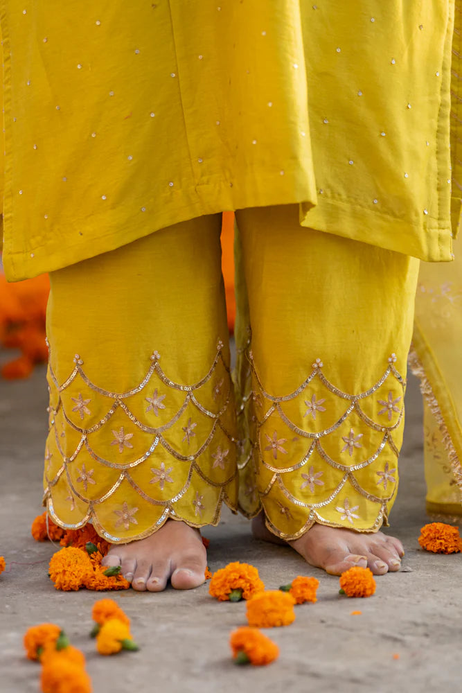 Yellow Aari A-line Kurta Set