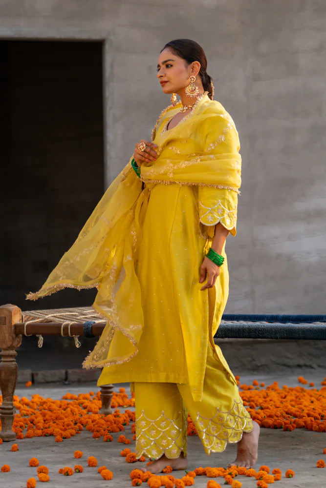 Yellow Aari A-line Kurta Set
