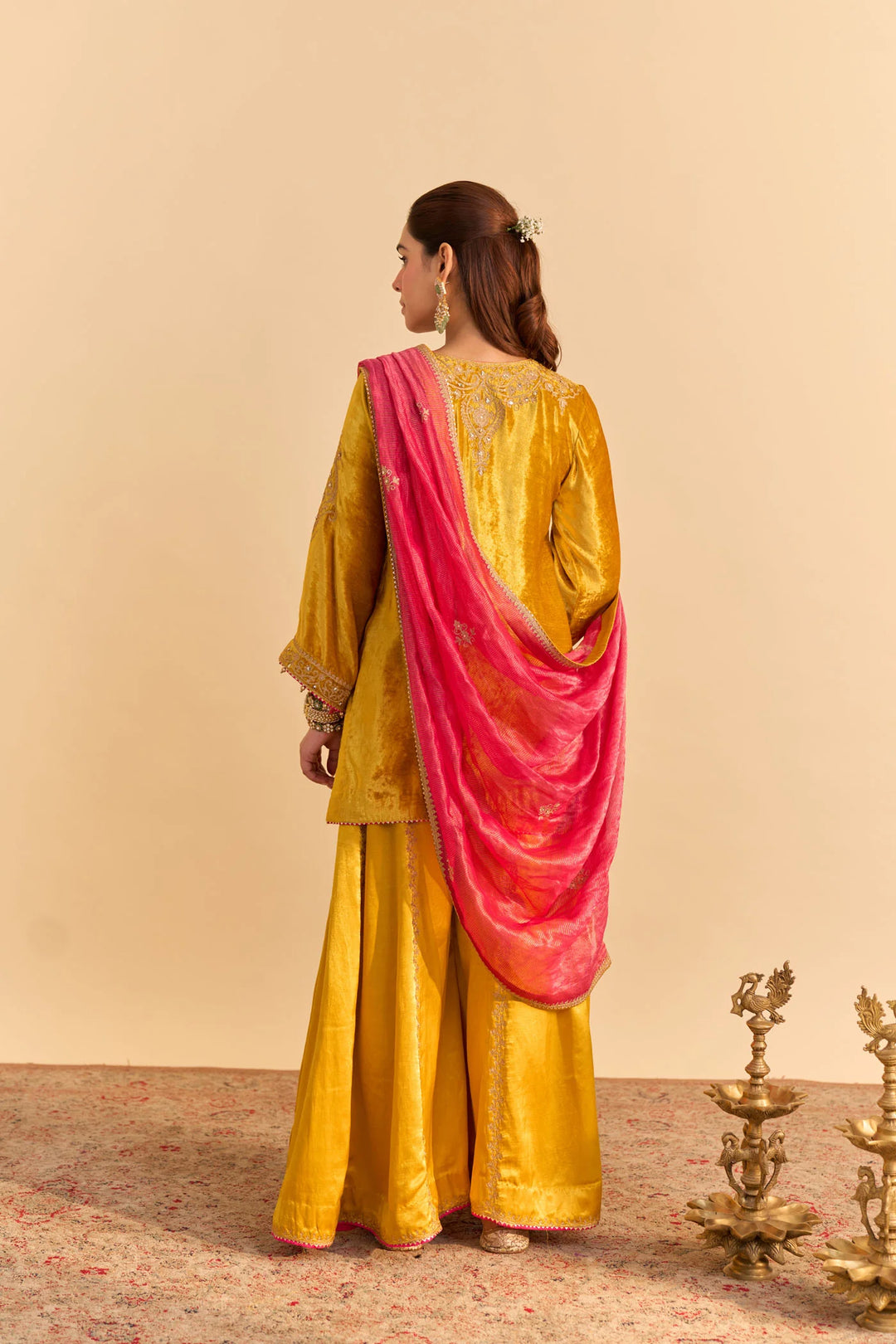 Aroob - velvet Mustard Kurta with Sharara and Dupatta