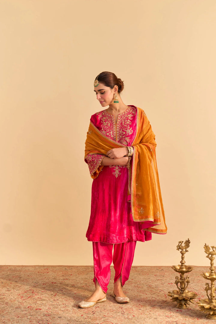 Eira - velvet Hotpink A-line Kurta with Dhoti