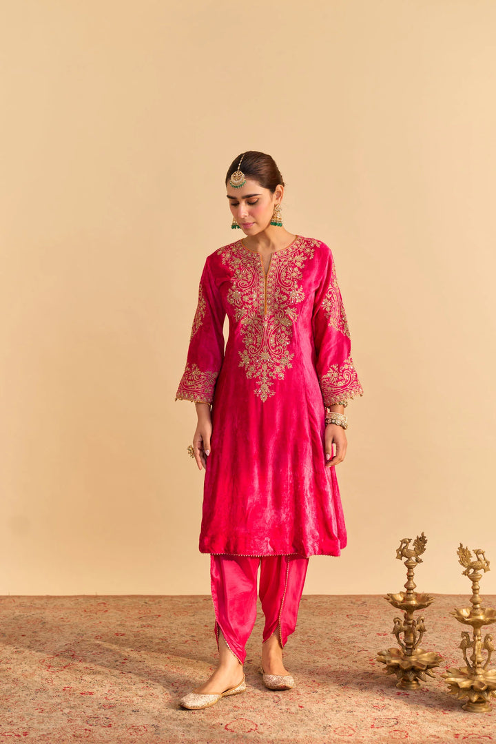 Eira - velvet Hotpink A-line Kurta with Dhoti